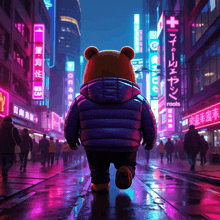a teddy bear in a blue jacket is walking down a street in front of a neon sign that says roots