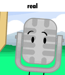 a cartoon of a microphone with a face and the word real below it