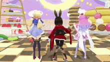three anime girls are standing on a checkered floor in front of a display of desserts