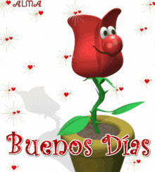 a cartoon flower in a pot with the words buenos dias