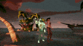 a man and a woman standing on a beach with a ghost in the background