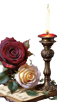 a candle is lit in a candle holder next to two roses and a book