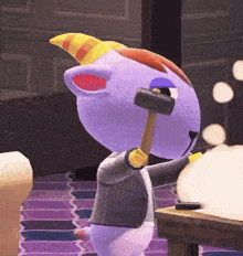 a purple unicorn holding a hammer in a room