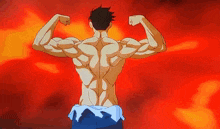 a shirtless man is flexing his muscles in front of a fire background .