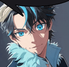 a close up of a boy with blue eyes