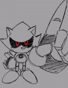 a black and white drawing of a cartoon character with red eyes giving the middle finger
