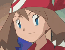 a close up of a cartoon character wearing a red shirt and a red hat .
