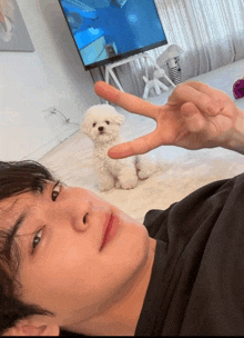 a man giving a peace sign while a small white dog looks on