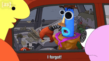 a cartoon character says i forgot in front of a red car