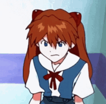 a cartoon girl with red hair and blue eyes is wearing a blue vest and a white shirt .