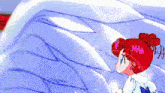 a cartoon girl with red hair and blue eyes is looking up at something