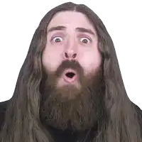 a man with long hair and a beard has his mouth open