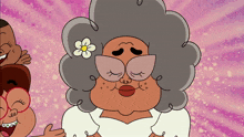 a cartoon character with a flower in her hair and glasses