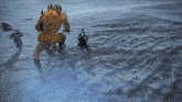 a monster with horns is running through a snowy area