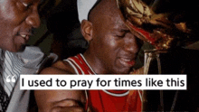 a man holding a trophy with the words " i used to pray for times like this " underneath him