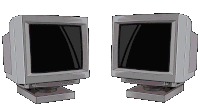 two computer monitors are sitting next to each other with a black screen