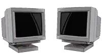 two computer monitors are sitting next to each other with a black screen