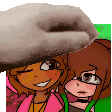 a couple of cartoon characters are standing next to each other and one of them has a hat on her head .