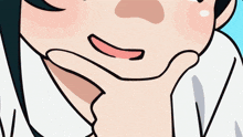 a cartoon drawing of a boy with green hair and a white shirt
