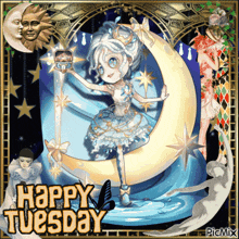a happy tuesday greeting card with a girl on the moon