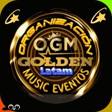 ogm golden latam music eventos logo on a black background