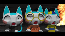 three cartoon cats are standing next to each other with one wearing an orange shirt with an fish on it