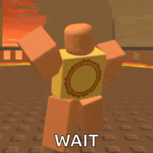a cartoon character is standing in a room with the words `` wait '' written on the ground .