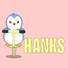 a penguin is sitting on a pogo stick with the words thanks below it