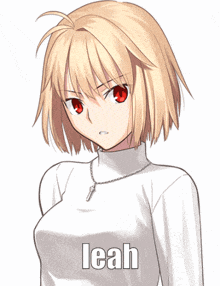 a blonde anime girl with the name leah on the back of her shirt