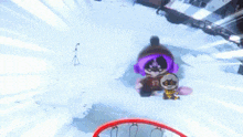 a cartoon character is playing basketball in the snow while another character looks on .