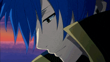 a close up of a blue haired anime character with a sunset in the background