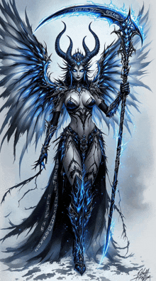 a drawing of a woman with horns holding a scythe that says " heaven " on it