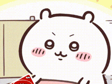 a cartoon bear is holding a red card with the letter k on it