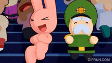 a cartoon of a pink bunny and a man in a green hat with the website gifrun.com in the corner