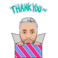 a man peeking out of a gift box with the words thank you written above him