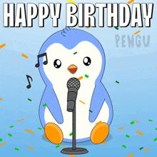 a penguin singing into a microphone that says happy birthday