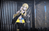 a girl in a yellow and black outfit stands in front of a fence