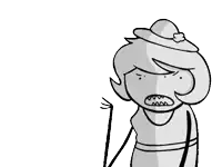 a black and white drawing of a woman with a hat and a cane