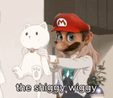 a cartoon of mario holding a white teddy bear with the words `` the shiggy wiggy '' written on the bottom .