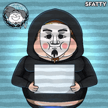 a cartoon of a man with a mask holding a piece of paper that says $ fatty on it