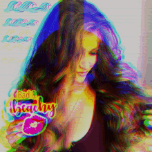 a woman with long hair is holding a grapefruit with the words bad & healthy above her