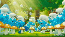 a group of smurfs are standing on mushrooms in a forest