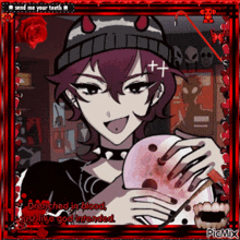 a picture of a girl with the words " branched in blood just like you intended " at the bottom