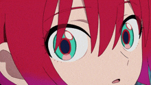 a close up of a anime girl 's face with red hair and green eyes .