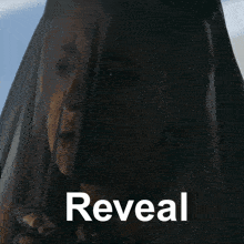 a woman with a black veil on her head and the word reveal above her