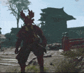 a man in a samurai costume is standing in front of a green building