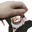 a cartoon character with a beard and a hat is holding a piece of wood over his head .