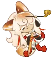 a cartoon character is holding a sword and a spoon in her mouth .