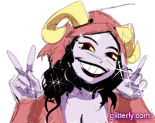 a drawing of a girl with horns giving a peace sign with the website glitterfy.com in the corner