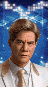 a man in a white suit and gold tie looks at the camera